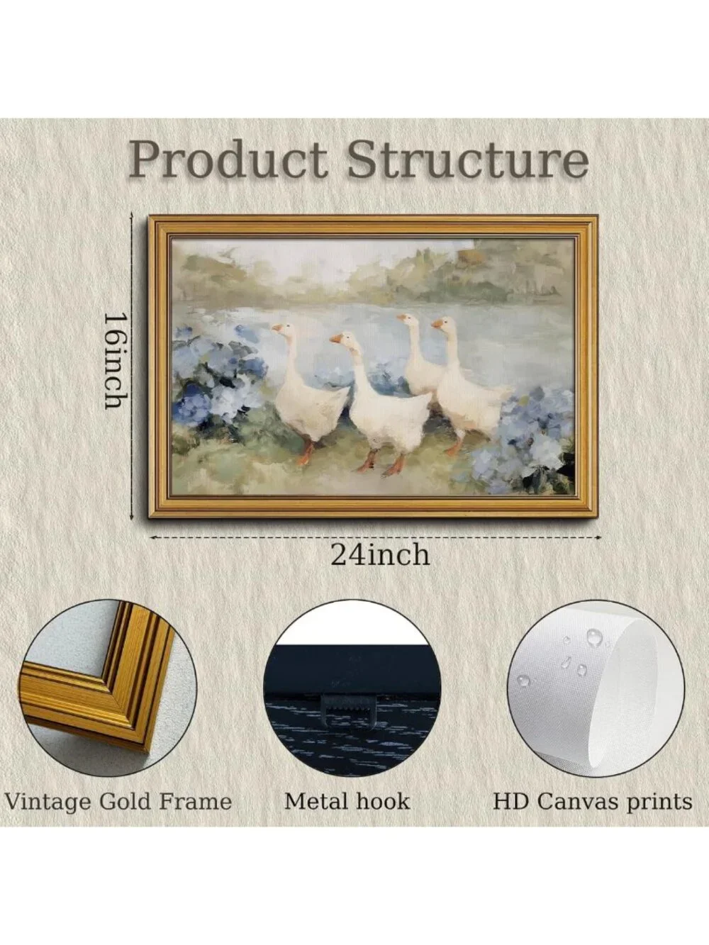 Charming Vintage Gold Framed Wall Art - Country Geese & Blue Hydrangeas Decor